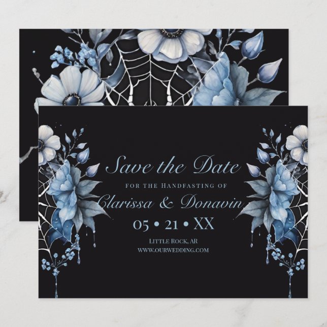 Gothic Dusty Blue Floral Spider Web Handfasting Save The Date (Front/Back)