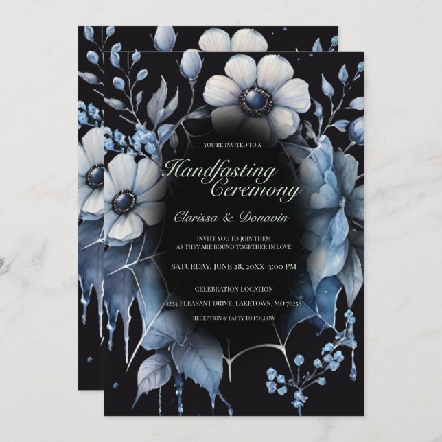 Gothic Dusty Blue Spider Floral Web Handfasting Invitation (Front/Back)