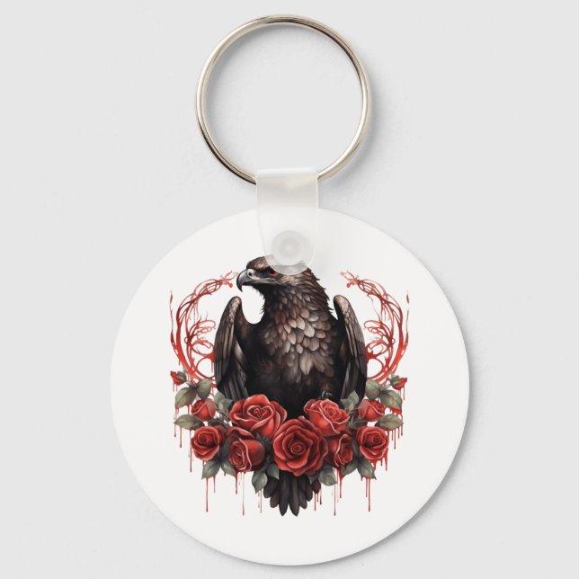 Gothic Eagle Wild Forest Animals Red Roses Keychain (Front)