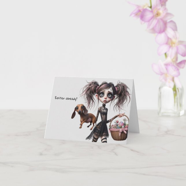 Gothic Easter Girl with Dachshund Easter Card (Orchid)