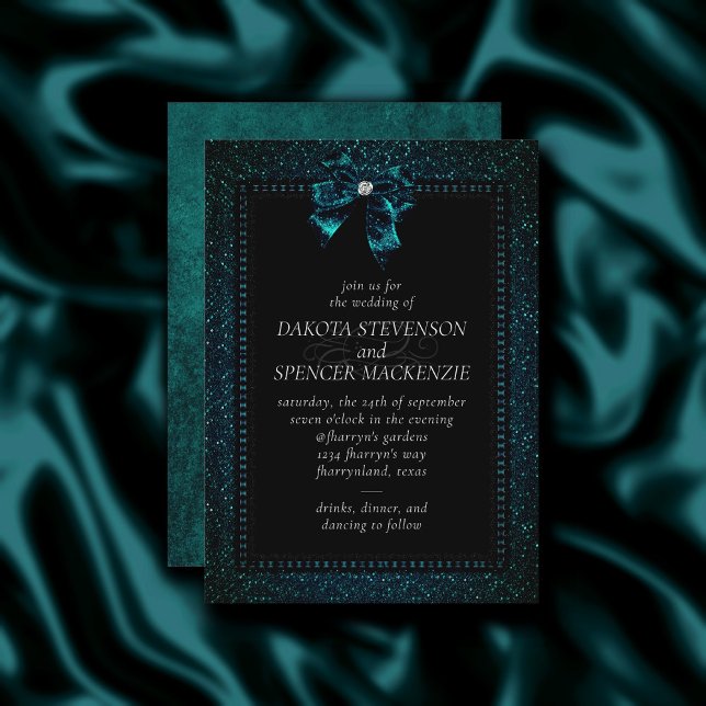 Gothic Elegance | Dark Teal Moody Bow Wedding Invitation (Creator Uploaded)