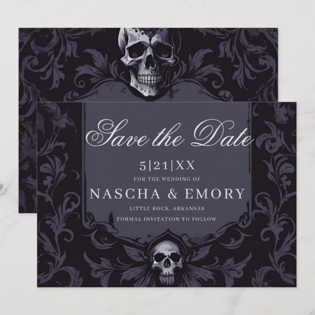 Gothic Elegance Purple Boho Skull Save The Date (Front/Back)
