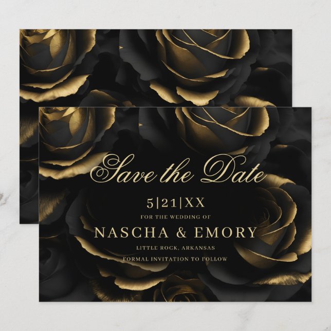 Gothic Elegant Black & Gold Roses Dark Wedding Save The Date (Front/Back)