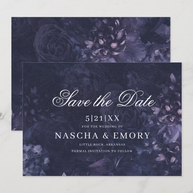 Gothic Elegant Dark Purple Floral Boho Wedding Save The Date (Front/Back)