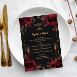 Gothic Elegant Dark Romance Wedding Menu<br><div class="desc">Elevate your reception tables with this Dark Romance Gothic Wedding Menu, featuring a rich black background, refined vintage-inspired details, rich roses, elegant gold frame and elements. Perfect for candlelit receptions, castle venues, and black tie gothic weddings. Customizable menu text allows you to personalize your dining selections effortlessly. Explore the full...</div>