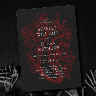 Gothic Elegant Red & Black Floral Heart Wedding In Invitation