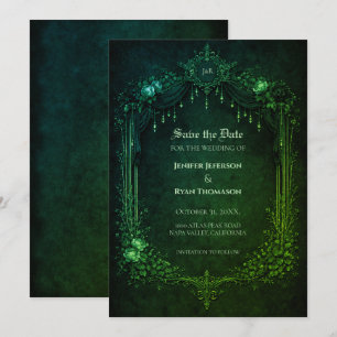 Gothic emerald wedding save the date invitation