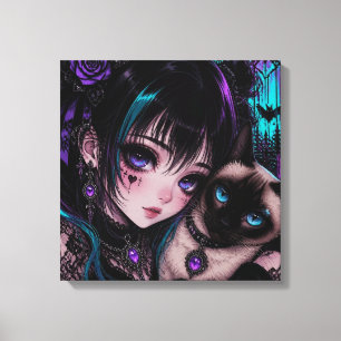 Gothic Emo   Anime Girl & Cat Canvas Print