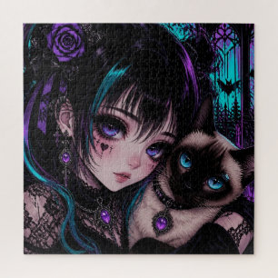 Gothic Emo   Anime Girl & Cat Jigsaw Puzzle