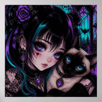 Gothic Emo Anime Girl & Cat