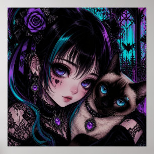 Gothic Emo Anime Girl & Cat Poster