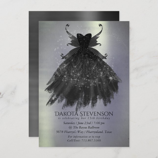 Gothic Fairy Black Gown | Vampy Goth Glam Sheen Invitation (Front/Back)