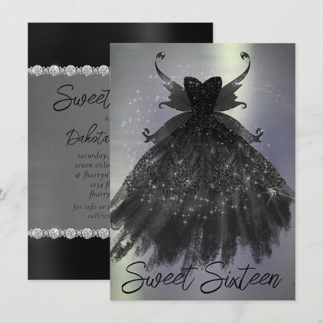 Gothic Fairy Black Gown | Vampy Goth Glam Sheen Invitation (Front/Back)
