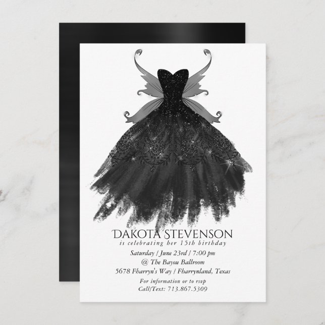 Gothic Fairy Black Gown | Vampy Goth Glam Sheen Invitation (Front/Back)