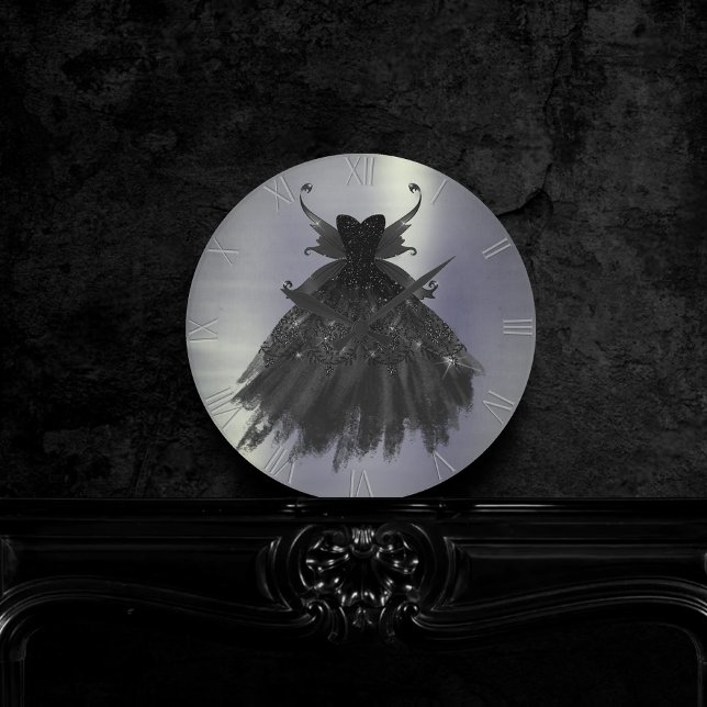 Gothic Fairy Black Gown | Vampy Goth Glam Sheen Round Clock (Creator Uploaded)