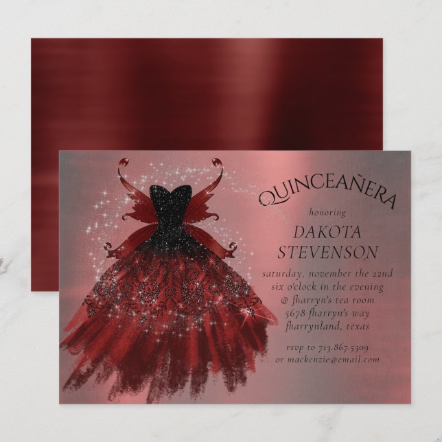 Gothic Fairy Crimson Gown | Deep Radiant Red Sheen Invitation (Front/Back)