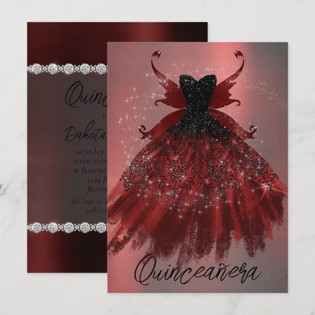 Gothic Fairy Crimson Gown | Deep Radiant Red Sheen Invitation (Front/Back)