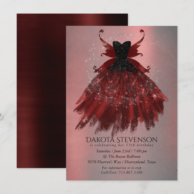 Gothic Fairy Crimson Gown | Deep Radiant Red Sheen Invitation (Front/Back)