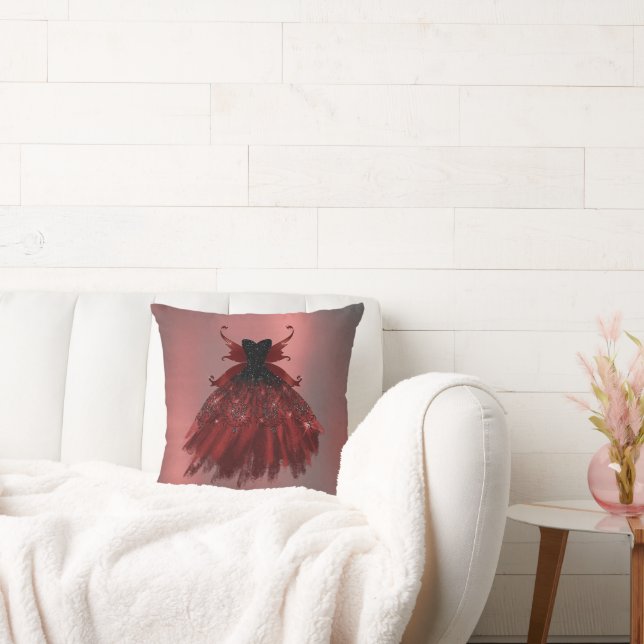 Gothic Fairy Crimson Gown | Deep Radiant Red Sheen Throw Pillow (Couch)