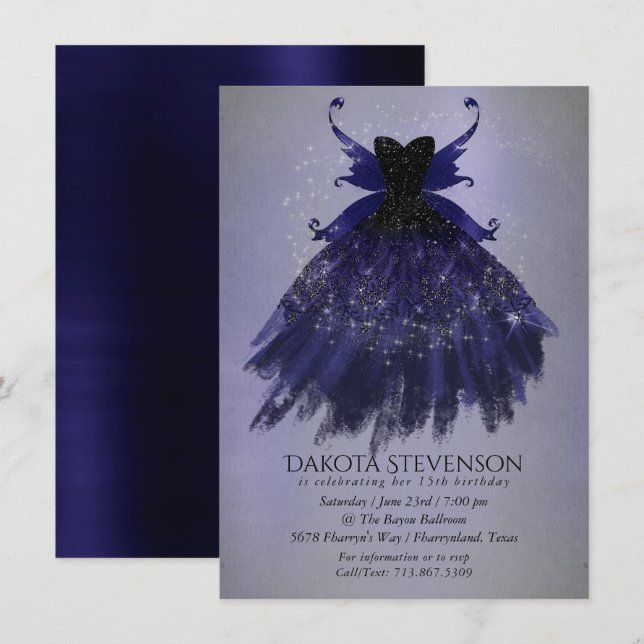 Gothic Fairy Indigo Gown | Deep Royal Purple Sheen Invitation (Front/Back)