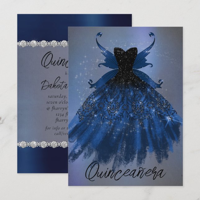 Gothic Fairy Navy Gown | Deep Cobalt Blue Sheen Invitation (Front/Back)