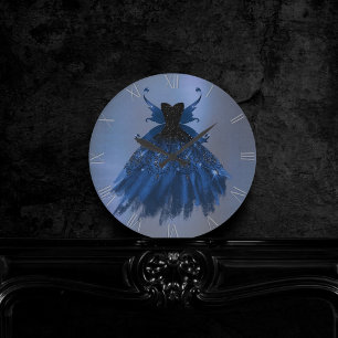 Gothic Fairy Navy Gown Deep Cobalt Blue Sheen Round Clock