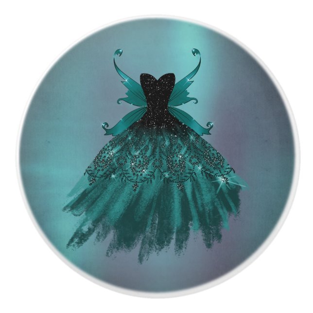 Gothic Fairy Teal Gown | Deep Midnight Green Sheen Ceramic Knob (Front)