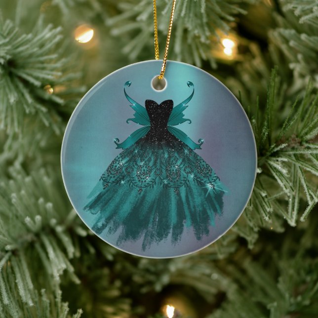 Gothic Fairy Teal Gown | Deep Midnight Green Sheen Ceramic Ornament (Tree)
