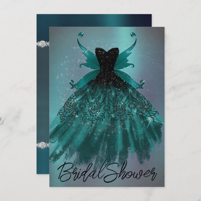 Gothic Fairy Teal Gown | Deep Midnight Green Sheen Invitation (Front/Back)