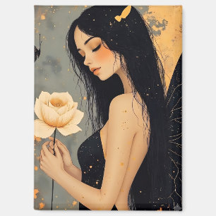 Gothic Fairy with White Wings and Rose Magnet