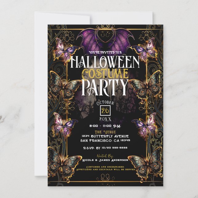 Gothic Fairytale Butterfly & Bat Halloween Party  Invitation (Front)
