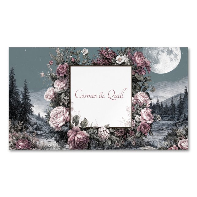 Gothic Fairytale Rose Frame Moonlit Forest Scene Magnetic Business Card (Front)