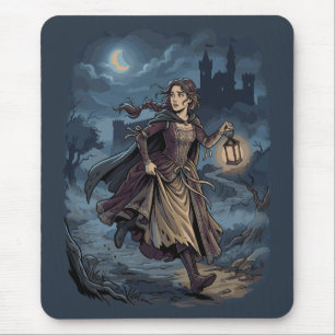 Gothic Fantasy Medieval Girl Lantern Castle Night Mouse Pad