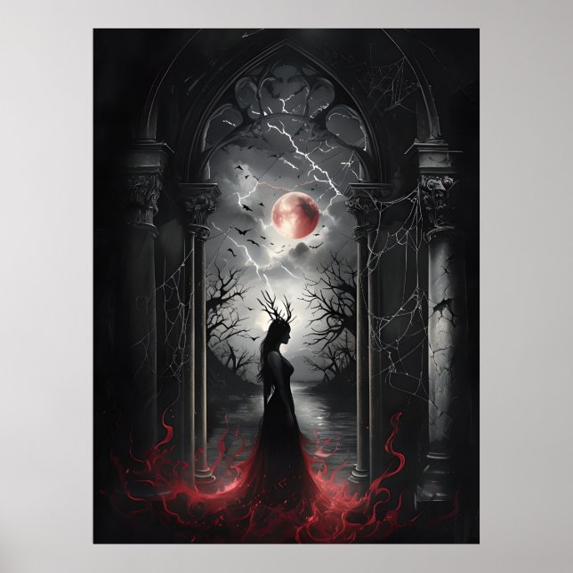 Gothic Fantasy Scene – Red Moon Silhouette Art Poster (Front)
