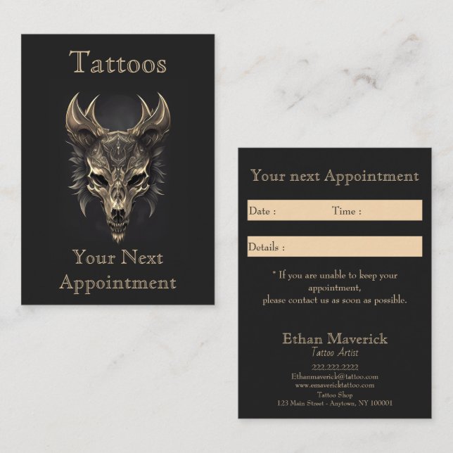 Gothic Fantasy Wolf Skull Black & Gold Appointment Business Card (Front/Back)
