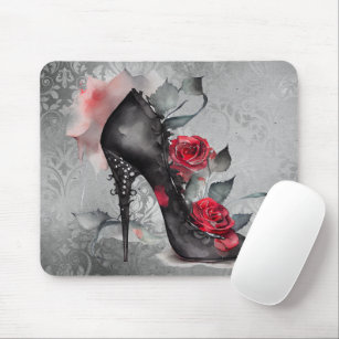 Gothic Fashion Spiked Stiletto and Red Rose Splash Mouse Pad