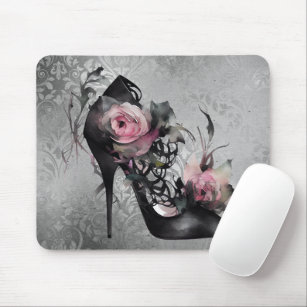 Gothic Fashion Stiletto Heel with Mauve Pink Roses Mouse Pad