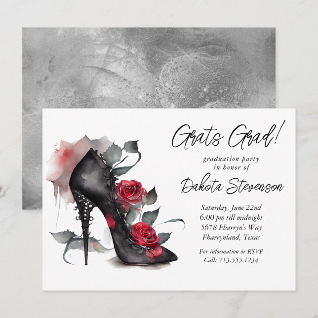 Gothic Fashion Stilettos With Red Roses Graduation Invitation (Front/Back)