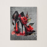 Gothic Fashionista Red Bottom Stilettos with Roses Jigsaw Puzzle<br><div class="desc">Dark and edgy gothic vampire chic stiletto high heels with bold red roses and stylish red bottoms. Dramatic flare and glamor perfect for the trendsetter or fashionista. This elegant vintage design features a hand-painted watercolor fashion high heels decorated with a feminine red rose floral. The distressed art adds a perfect...</div>