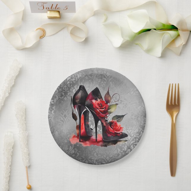Gothic Fashionista Red Bottom Stilettos with Roses Paper Plate (Wedding)