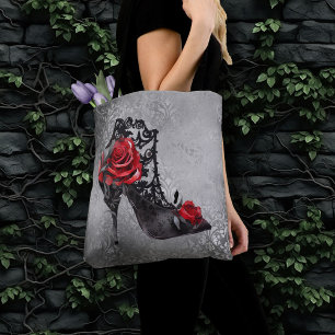 Gothic Fashionista Red Bottom Stilettos with Roses Tote Bag