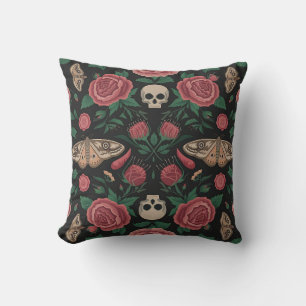 Gothic Floral and Moth Pattern with Skulls Throw Pillow