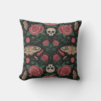 Gothic Floral and Moth Pattern with Skulls Throw Pillow