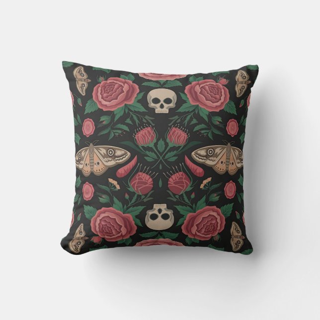  Gothic Floral and Moth Pattern with Skulls Throw Pillow (Front)