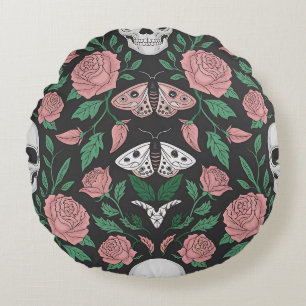 Gothic Floral and Skull Pattern with Moths Round Pillow