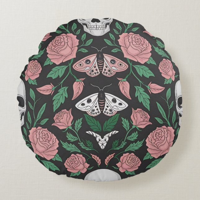 Gothic Floral and Skull Pattern with Moths Round Pillow (Front)