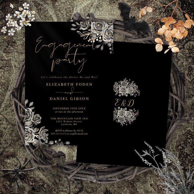 Gothic Floral Black And Gold Engagement Party Invitation (Gothic Floral Black And Gold Engagement Party Invitation)
