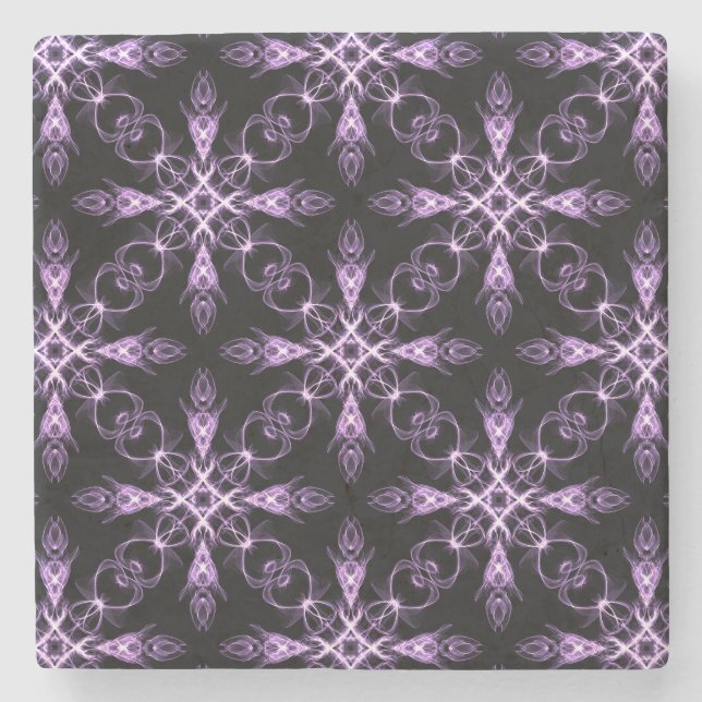 Gothic Floral Black and Purple Fractal Pattern Stone Coaster (Front)