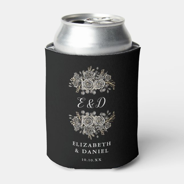 Gothic Floral Black And White Monogram Wedding Can Cooler (Can Front)