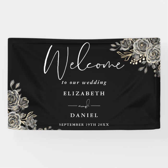 Gothic Floral Black And White Wedding Welcome Banner (Horizontal)